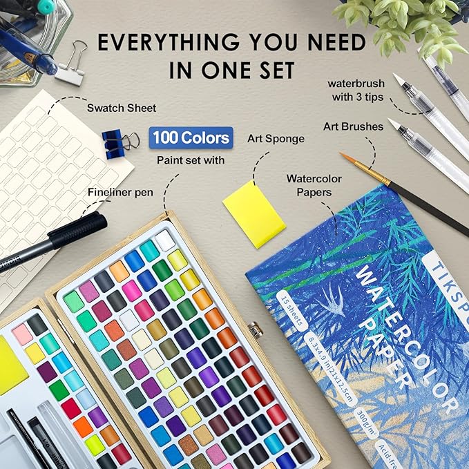 Watercolor Paint Set,100 Colors in Nature Bamboo Box,Portable Water Colors Kit with Papers and Brush Pens,Great for Kids Adults Beginners & Professionals（bamboo）