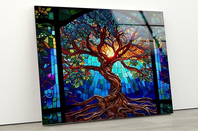 My Photostation.com Round 24'' Stained Blue Life of Tree Glass Wall ArtTempered Glass Printing Wall Decor Large Wall Art Wall Hangings