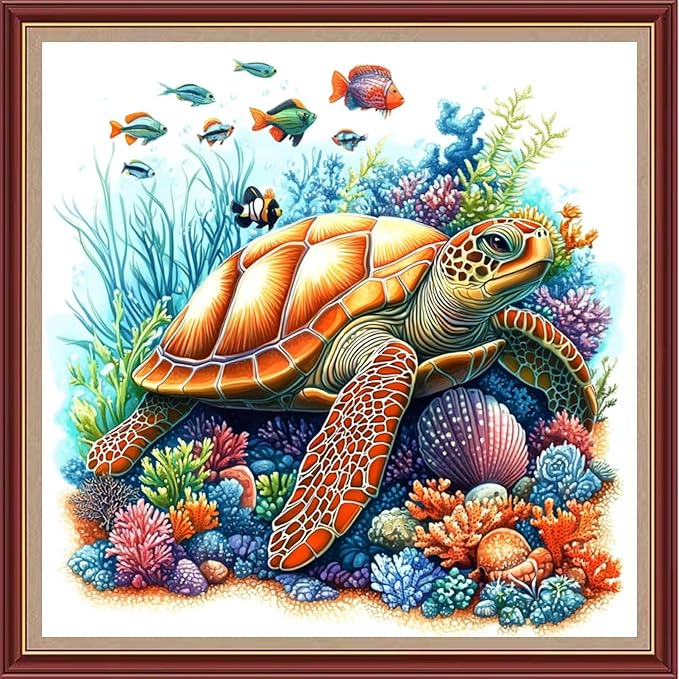 DMCXART Counted Cross Stitch Kits for Adults Needlepoint Kits Unprinted Cross Stitching Embroidery Kit 11CT Cross Stitch Supplies-Turtle Coral Fish 18x18 inch