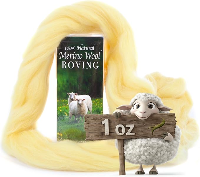 Desert Breeze Distributing 100% Natural Merino Wool Roving - Premium Combed Top Merino Roving Wool - Tapestry, Spinning, Wet Felting & Needle Felting Supplies - 21.5 Micron - 1 oz, Color Yellow