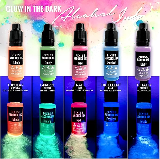 Pixiss Glow in The Dark Alcohol Ink Set - 5 Shades of Brilliantly Glowing Alcohol Ink for Epoxy Resin Supplies, Yupo Paper, Tumblers, Coasters - Resin Colorant for Epoxy Resin and Resin Art Supplies