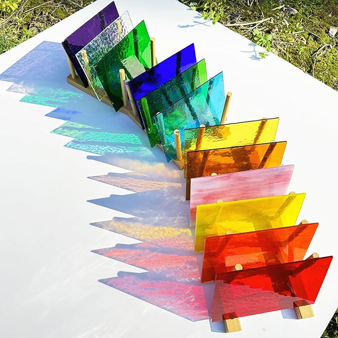 ILLUCKAI 12 Sheets Transparent Stained Glass Sheet Rainbow Colors, 6 x 4 inch Stained Glass Supplies Mosaic Glass Tiles for Stained Glass Artwork Mosaic Crafts