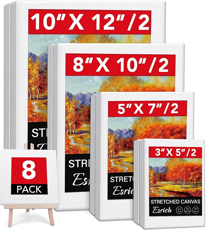 Stretched Canvases for Painting, 8PCS Multi Pack Canvas 3x5”, 5x7”, 8x10”, 10x12”(2 of Each), Acid-Free Wood Frame Blank Canvas, Art Canvas Pre Primed for Acrylic, Oil Painting, Tempera Paintings.