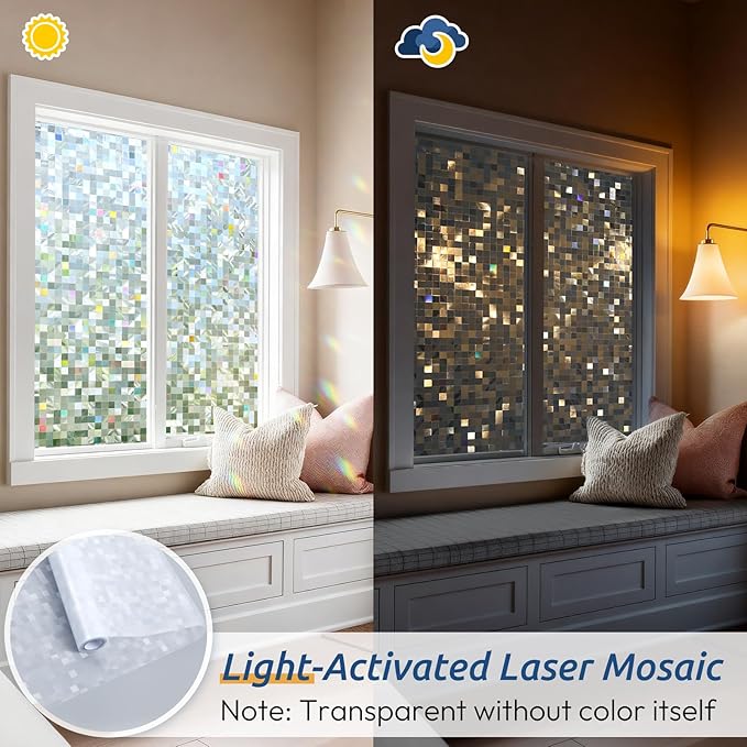 rabbitgoo Stained Glass Window Privacy Film Mosaic Pattern, Frosted Glass Window Film Rainbow Decorative Sticker, Static Cling UV Blocking Suncatcher for Home, 35.4 x 157.4 Inches