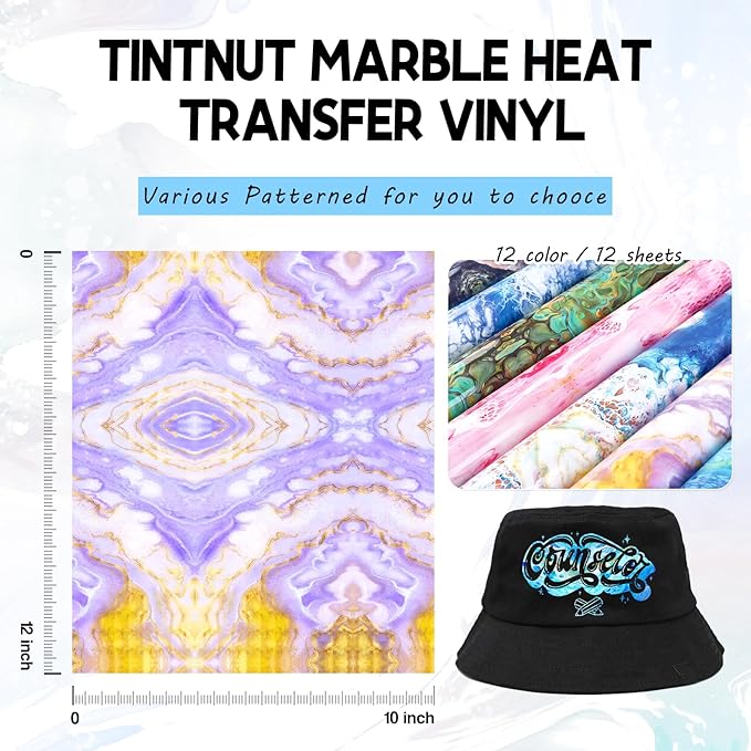 Tintnut Liquid Marble HTV Vinyl - 12 Sheets 10 x 12 Inch Watercolor Marble Heat Transfer Vinyl Pattern HTV Iron on Vinyl T-Shirts DIY Compatible with Cricut or Silhouette Cameo