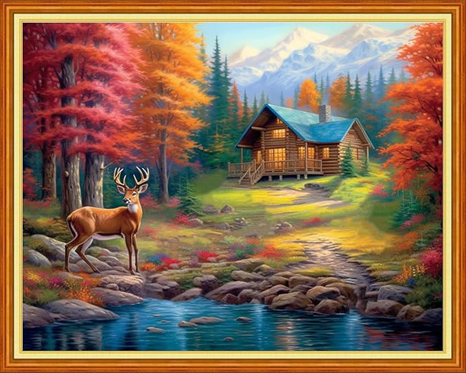 Joyhoor Cross Stitch Kits for Beginners Stamped Cross-Stitch Supplies Needlework preprint Embroidery Kits for Adults DIY Needlepoint Kits Embroidery Patterns 11CT-Autumn Scenery 16x20 inchs