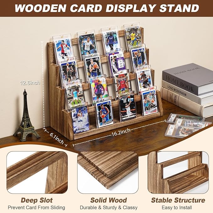 Emfogo Card Display Stand, 4-Tier Trading Card Display, Wooden Graded Baseball Sports Card Display, Trading Card Display Case for Card Collection & Show (Brown)