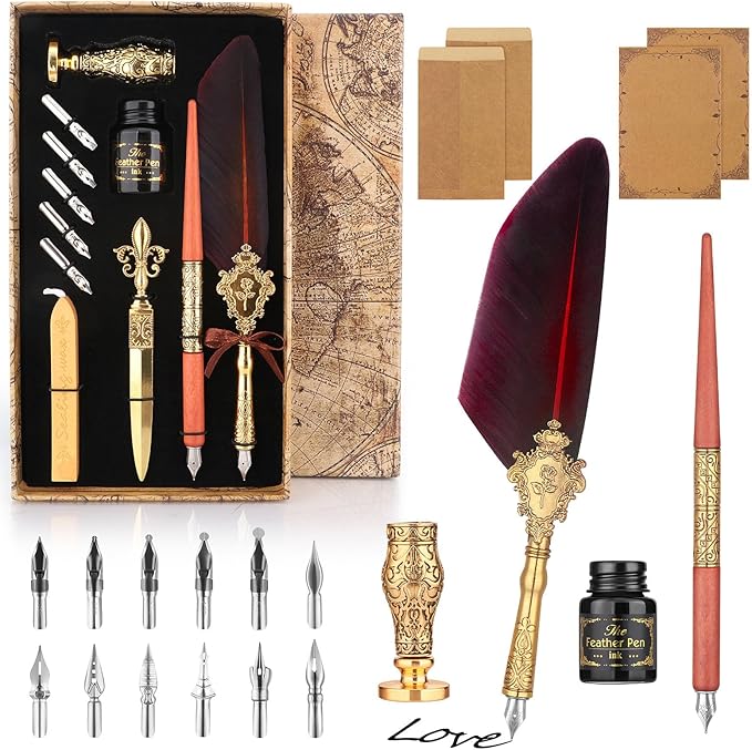 Feather Quill Pen and Ink Set 27Pcs Calligraphy Pens Fountain Pen Calligraphy Kits for Beginners,Stationary Set for Calligraphy, Writing, Sign,Christmas Gift