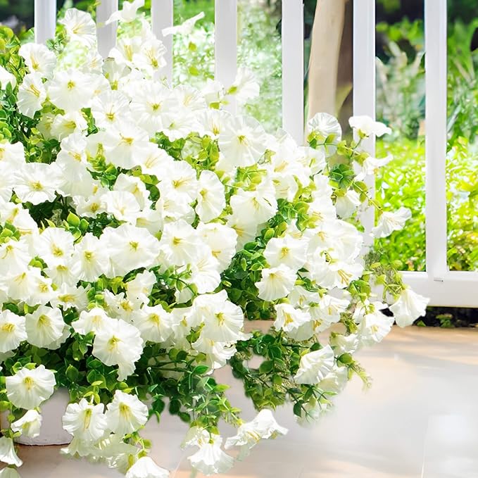Artificial Fake Flowers For Outdoor Outside Decoration,16 Bundles UV Resistant Faux Plastic White Flowers with Green Eucalyptus Stem Plants Bulk Look Real for Home Porch yard Patio Planters (White)