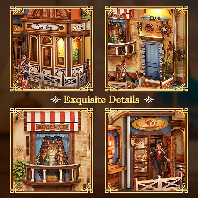 Tonecheer DIY Book Nook Kit for Adults, 3D Wooden Puzzle Bookend Miniature House Kit, Booknook Bookshelf Insert Decor with Dust Cover and LED Lights Gifts (Venetian Dreams)