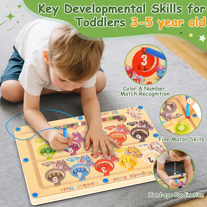2 in 1 Double Side Magnetic Color and Number Maze, Alphabet Board Aged 1-3 Unicorn Toys, Montessori Magnet Puzzle Learning Counting Matching Gifts for Toddlers Kids Girls Boys 3 4 5 Year Old Christmas