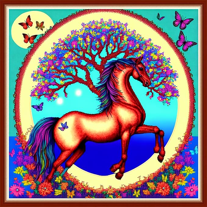 Dimensean Stamped Cross Stitch Kits Full Range of Embroidery Patterns Starter Kits for Beginners Adult or Kids DIY Cross Stitches Needlepoint Kits 11CT-Horse Wreath 17.7x17.7 inch