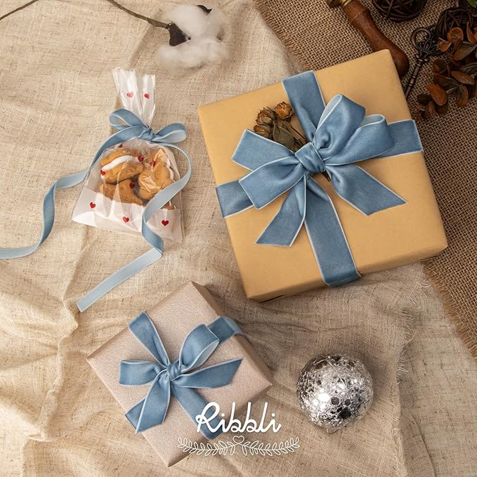 Ribbli Dusty Blue Velvet Ribbon 1 Inches Continuous10 Yard Spool Blue Christmas Ribbon for Gift Wrapping Crafts Home Decor