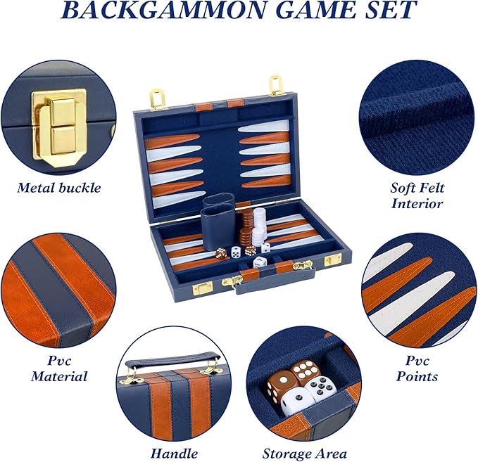 Backgammon Set 2 Players Classic Backgammon Sets for Adults Board Game with PU Leather Case Portable and Travel Backgammon Set (Navy, 11inch)