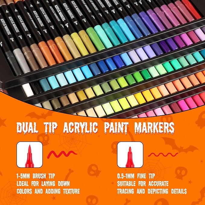 120 Colors Acrylic Paint Markers, Dual Tip Fine Tip and Brush Tip Pens Contain 24 Metallic Color for Stone, Wood, Calligraphy, Canvas, Ceramic, Metal, Glass, Rock Painting, DIY Crafts