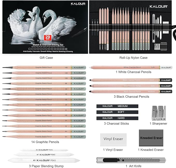 KALOUR 29 Pro Sketching Drawing Pencils Set with Roll-Up Nylon Case – 14 Graphite Pencils (14B–5H), Charcoal Pencils, Erasers, Sharpener & Stumps – Complete Art Kit for Artists & Beginner