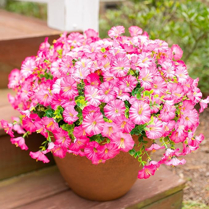 Artificial Flowers Fake Plants for Outdoors Decoration, 12 Bundles Pink Silk Morning Glory with Eucalyptus Realistic UV Resistant Faux Flowers Greenery for Outside Planter Yard Garden Home Indoor
