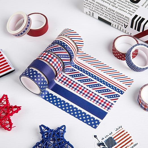 Whaline 12 Rolls 4th of July Washi Tape Patriotic Stars Stripes Washi Masking Tape Red Blue White Plaids Decorative Paper Stickers for Independence Day Scrapbook Gift Wrapping DIY Art Crafts