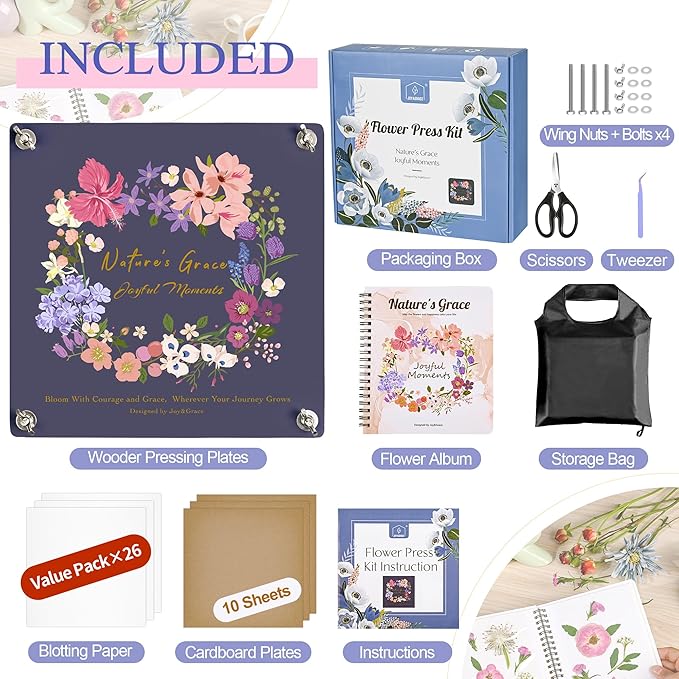 Joy&Grace Flower Press Kit for Adults & Kids, with Designed Cover and DIY Album, 10.9" x 10.9" 10 Layers Flower Preservation Kit, Plant Press and Large Plant Drying Toolkit (Color Box, Purple Navy)