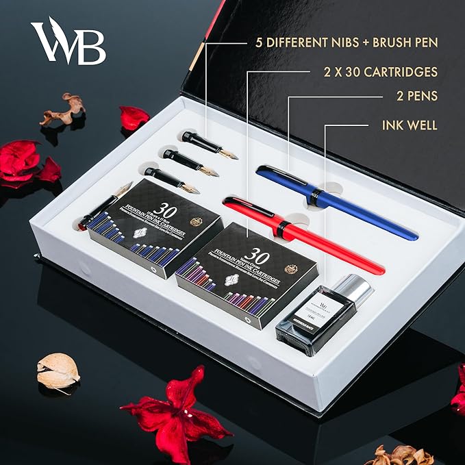 Wordsworth and Black Calligraphy Pen Set - Blue - Includes 2 Calligraphy Pens, 18 ML Ink Bottle, 60 Ink Cartridges, Ink Refill Converter, 1 Medium and 4 Broad Nibs, Brush Pen