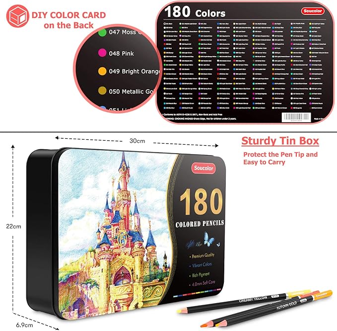 Soucolor 180-Color Artist Colored Pencils Set for Adult Coloring Books, Soft Core, Professional Numbered Art Drawing Pencils for Sketching Shading Blending Crafting, Gift Tin Box for Beginners Kids