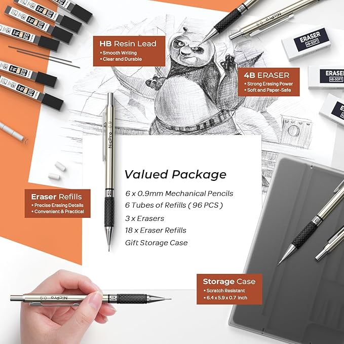 Nicpro 0.9 mm Art Mechanical Pencils Set in Gift Case, 6 PCS Metal Drafting Pencil 0.9mm with 6 Tube HB Lead Refills & 18 PCS Eraser Refills for Adults, Children, Artist Writing, Drawing, Sketching