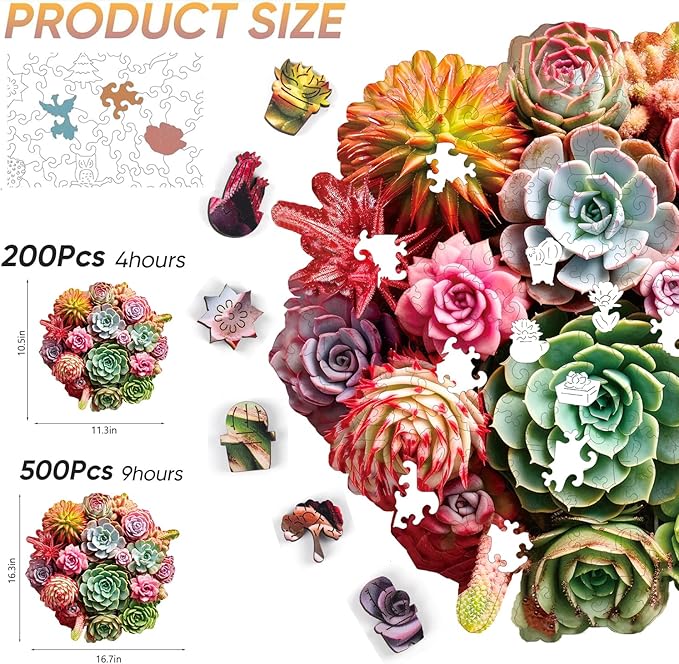 Wooden Puzzles for Adults, Colorful Succulent Puzzle for Mom, Challenging Puzzle, 200 Piece Luxurious Shaped Wooden Puzzles for Family Game 11.3 * 10.5in