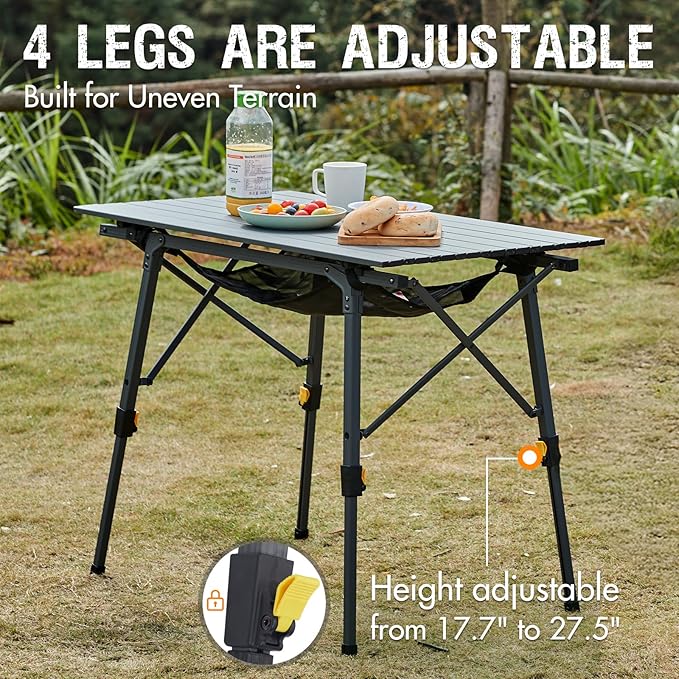 PORTAL Outdoor Folding Portable Picnic Camping Table with Adjustable Height Aluminum Roll Up Table Top Mesh Layer, Dark Gray