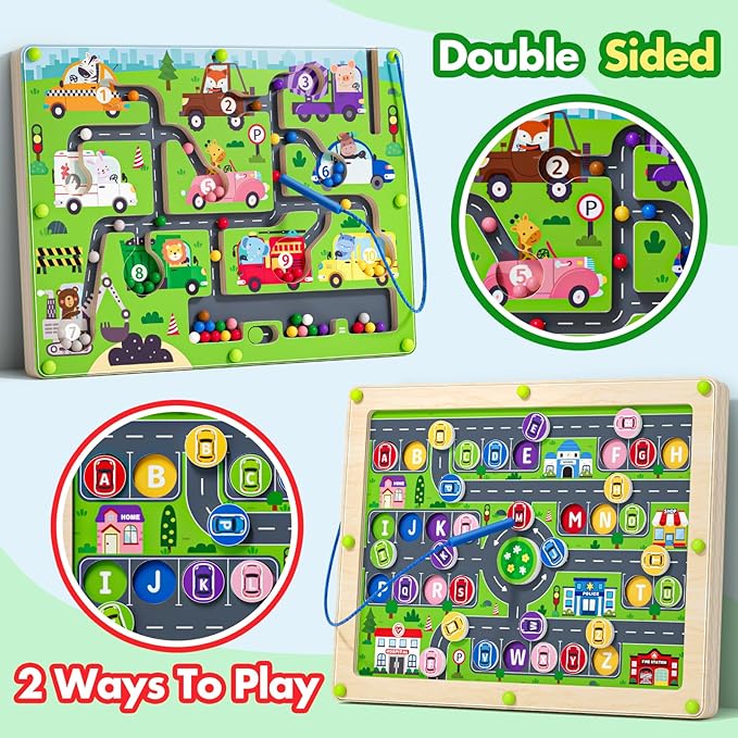Magnetic Maze 2 in 1 Double Side Color and Number Maze Alphabet Puzzle Board for 3-5 Boys and Girls Kids Montessori Educational Toys (Car, One Size)