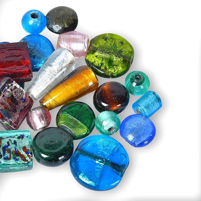 1 LB Bag of Assorted Glass Beads for Jewelry Making, Handmade Silver Foil Bead Mix for Bracelets and Necklaces, Crafting Beads Supplies Kit, Large Beads (Silver Foil Mix)