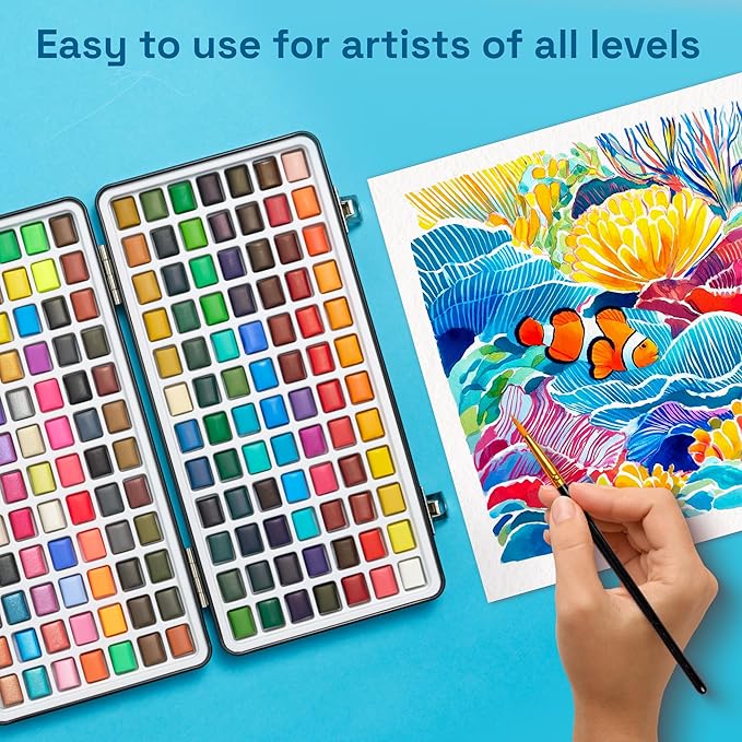 ARTISTRO 168 Watercolor Paint Set, Vivid Colors in Portable Box, Palette set. Perfect Travel Watercolor Set for Artists, Amateur Hobbyists and Painting