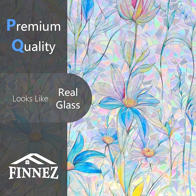 FINNEZ Window Privacy Film Stain Glass Film Flowers Rainbow Window Film Window Clings Non-Adhesive Reusable Decorative for Home（Blue Lotus，45.2 Inch x 6.5 Feet）