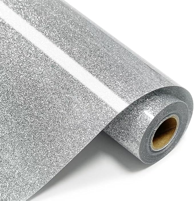 Silver Glitter HTV Heat Transfer Vinyl Rolls- 10" x 8ft. Glitter HTV Silver for Shirts. Iron on Vinyl and Heat Transfer Vinyl for All Cutters Machines. Easy to Cut & Weed Heat Vinyl Designs