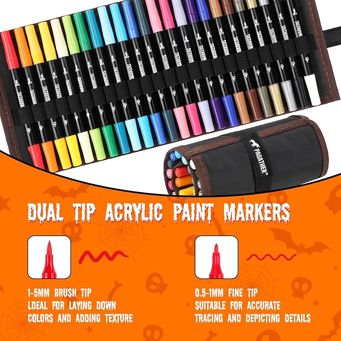 24 Colors Acrylic Paint Markers, Dual Tip with Fine Tip and Brush Tip Pens for Stone, Wood, Calligraphy, Canvas, Ceramic, Metal, Glass, Rock Painting, DIY Crafts Art Supplies Kit