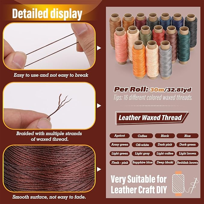 0.8 mm Leather Sewing Thread, 16 Colors 32 Yards Waxed Thread, Round Waxed Thread, Wax String for Bracelet Making, Sewing Stitching, Bookbinding, Braiding