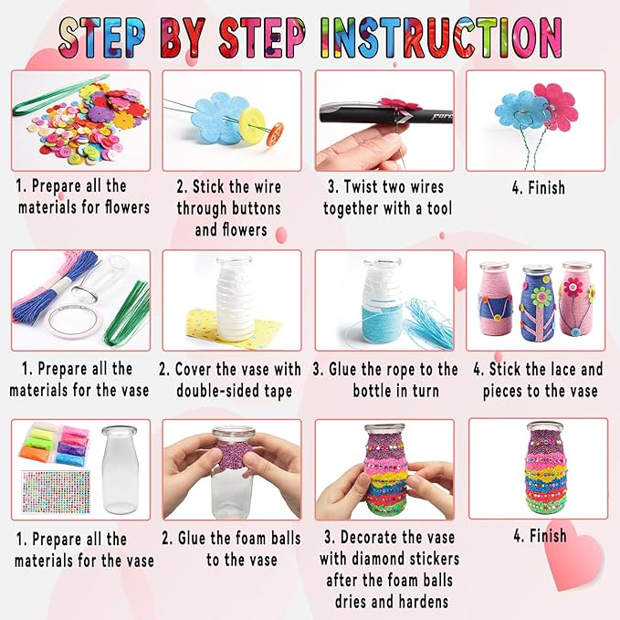 7july Crafts for Girls Ages 6-10 Make Your Own Flower Bouquet with Buttons and Felt Flowers, Vase Art and Craft for Children - DIY Activity Christmas Birthday Gift for Girls Age 6 7 8 9 10 Year Old