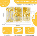 Huhuhero Safety Pins Assorted, 160-Pack 5 Different Sizes Small and Large Safety Pins for Clothes Fabric Costume, Nickel Plated Steel Pin Bulk, Sewing Arts Crafts Supplies, Gold