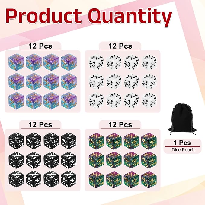 uxcell 48Pcs Magic Dice Counters, Acrylic D6 Life Token Dice Set with Pouch for Standard Cards Gaming Accessories, White, Black, Green & Purple, Blue & Purple