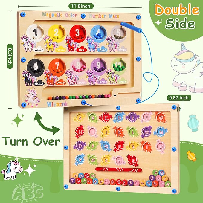 2 in 1 Double Side Magnetic Color and Number Maze, Alphabet Board Aged 1-3 Unicorn Toys, Montessori Magnet Puzzle Learning Counting Matching Gifts for Toddlers Kids Girls Boys 3 4 5 Year Old Christmas