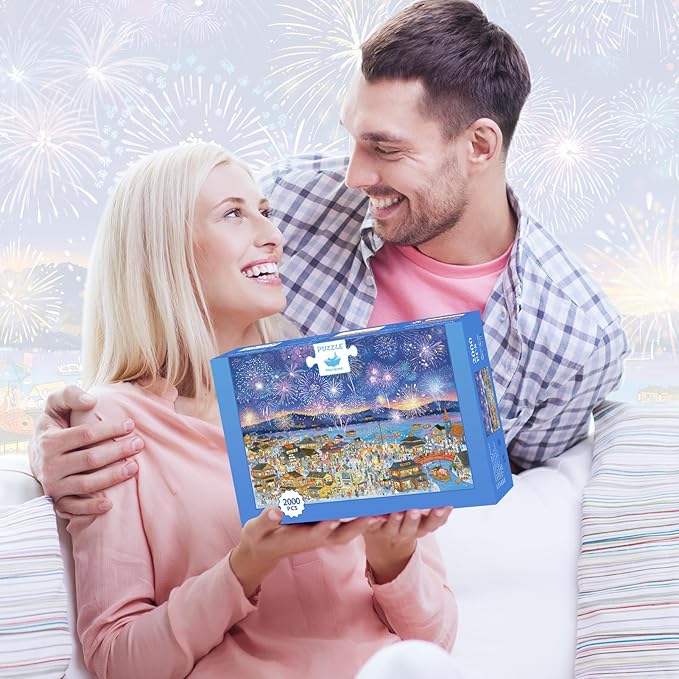 MOMIBOOK Puzzles for Adults 2000 Pieces Jigsaw Puzzles of Fireworks Night Tour, Colorful Powder Painting Image Chinese Twon Challenging Hard Impossible Puzzle Unique Party Christmas Birthday Gifts