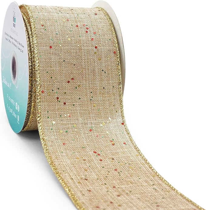 CT CRAFT LLC Tan Burlap Fabric Confetti Glitter Wired Ribbon 2.5" x 10 Yards Natural Color for Christmas Home Wedding Decor Gift Wrapping Tree Topper Bow Wreath Bouquet DIY Crafts
