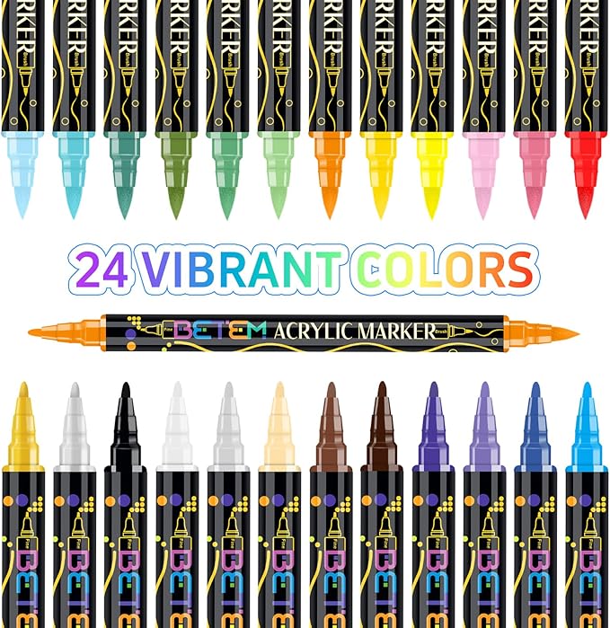 Betem Acrylic Paint Markers, Dual Tip 24 Colors Acrylic Paint Pens with Brush Tip and Fine Point, Art Supplies for Rock, Wood, Canvas, Stone, Glass, Ceramic, Rock Painting DIY Crafts Making Drawing