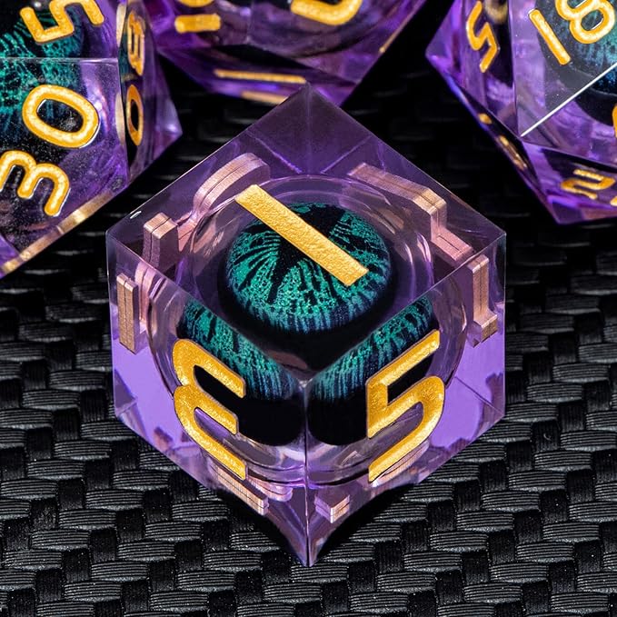 ARUOHHA Dragon Eye DND Dice, Purple Green Resin Sharp Edged Dice Set RPG Role Playing Game, Liquid Core Polyhedral D and D Dice Set D20 D12 D10 D8 D6 D4