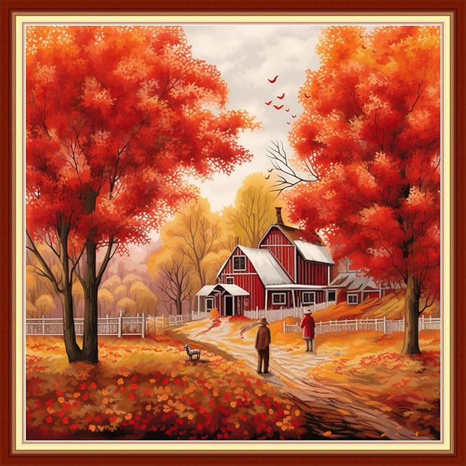Artvxeay Cross Stitch Kits Stamped Full Range of Embroidery Kits for Beginners Adults 11CT Pattern Stitch Embroidery Kits Needlepoint Kits DIY- (Golden Autumn Scenery 18x18 inch)