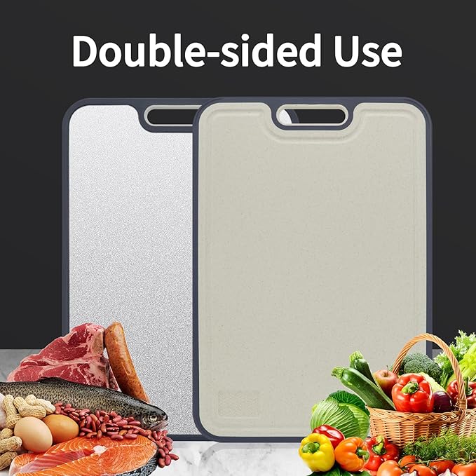 Titanium Cutting Board for Kitchen，100% Double Sided Solid Pure Titanium Cutting Board with Juice Groove &Wheat Straw PP Chopping Board Food Grade (Medium (15''×11‘’ Inche))
