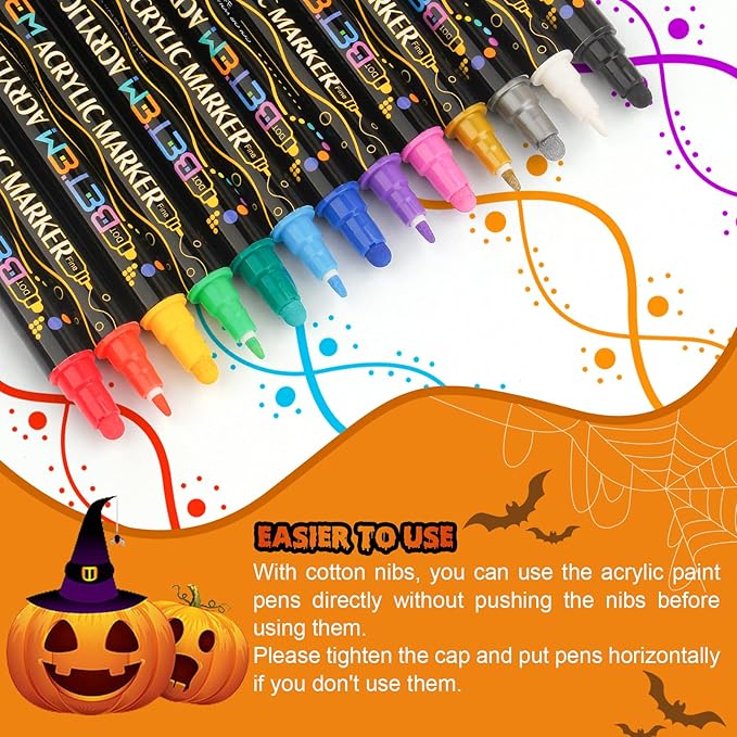 Betem 60 Colors Dual Tip Acrylic Paint Pens Markers, Premium Acrylic Paint Pens for Halloween Decorations, Wood, Canvas, Stone, Rock Painting, Glass, Ceramic Surfaces, Pumpkin Painting Kit DIY Crafts