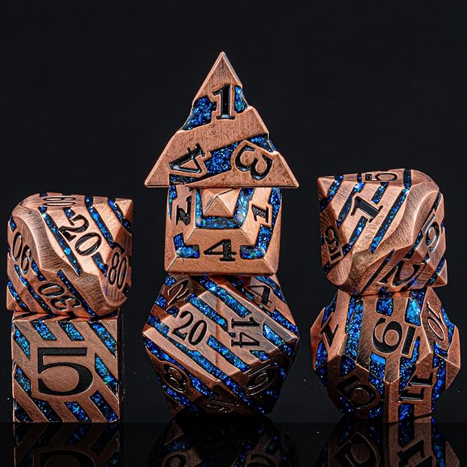 Metallic Glitter Stripes D&D Dice Set,7 PCS Polyhedral Dice Set with Gift Metal Box for Dungeons and Dragons,DND Metal Dice for Tabletop Game (Antique Copper Blue)