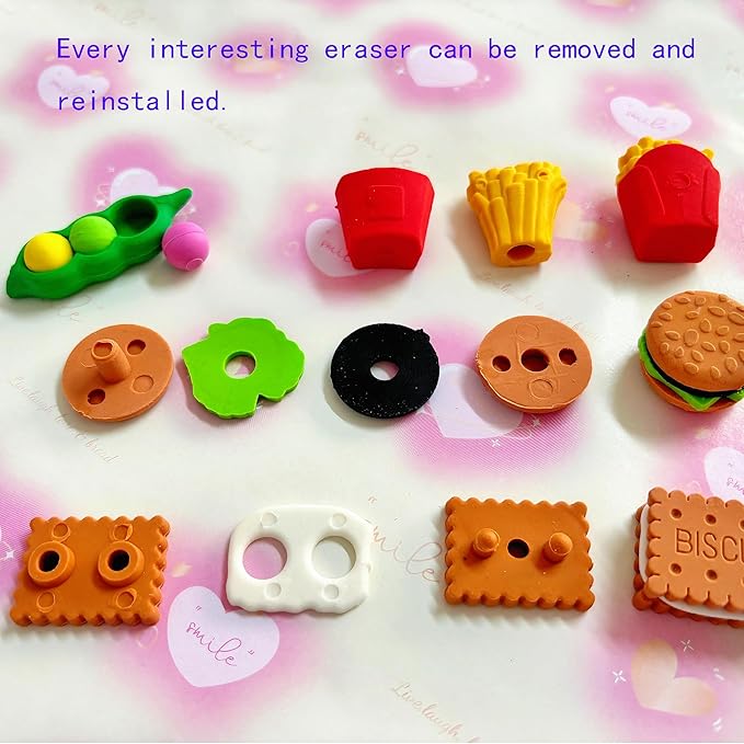 46PCS Mini Cute Fun 3D Erasers for Kids Bulk,Back to School Party Gifts (Food&3D, Little)