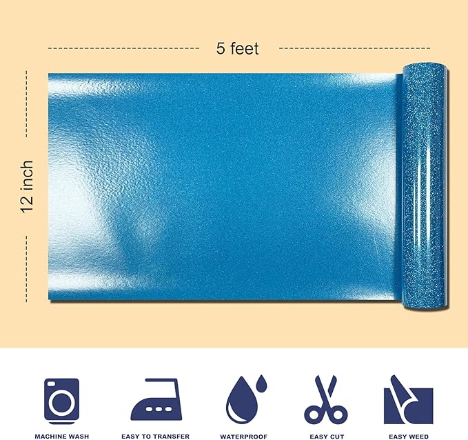 Blue Glitter HTV Heat Transfer Vinyl, 12" x 5ft lron on Vinyl, for T-Shirt Ironing, Vinyl HTV Easy to Cut and Weed, The Best Choice for DIY Creativity. (Blue, 12" x5ft)