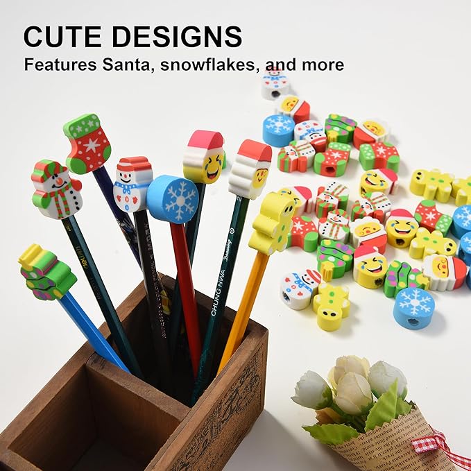 HILAZA 42Pcs Christmas Pencil Top Erasers for Kids Bulk, Cute Eraser Toppers Pencil Cap Erasers for Stocking Stuffers Goodie Bags Stuffers Holiday Party Favors